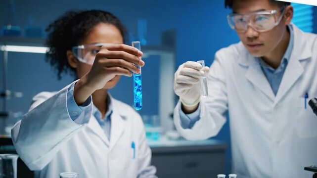 Multiracial researchers conduct experiments in lab for clinical trials and chemical testing