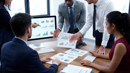 Business team collaborates on report analysis in modern office setting - Powered by Adobe