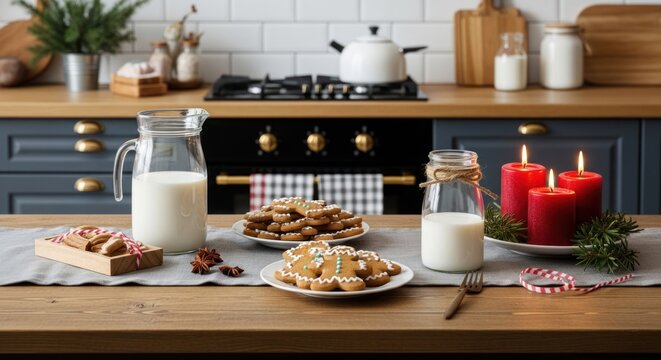 Festive gingerbread cookies and milk with candles on a wooden table setting - Powered by Adobe