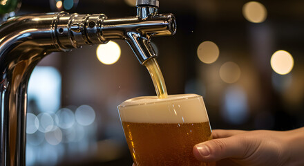 Beer being poured from tap into glass at bar with blurred background  