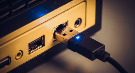 An intimate view of a black USB cable securely plugged into a device, capturing the essence of technology's interconnectedness, where the subtle blue light suggests active data transfer.