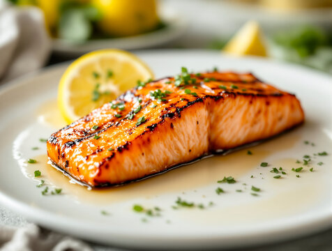 Lachsfilet gegrillt mit Zitronensauce und frischen Kr&auml;utern auf wei&szlig;em Teller, Nahaufnahme