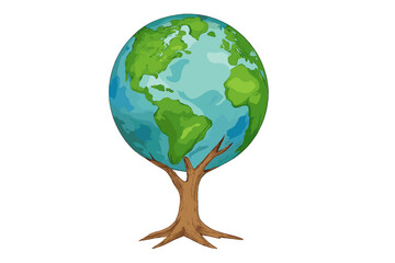 Planet Earth growing from a tree trunk symbolizing ecology and global sustainability