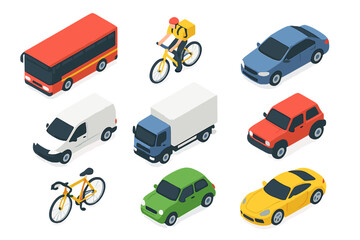 Isometric set of urban and commercial transportation vehicles including cars, bus, truck, and bicycles