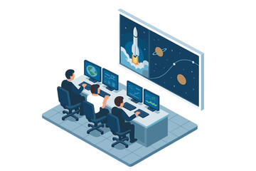 Engineers monitoring rocket launch trajectory data in mission control room
