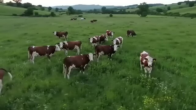 Cows grazing in a green meadow.