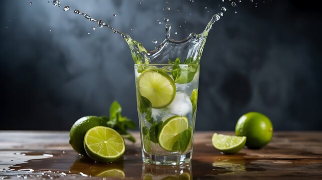 Refreshing mojito cocktail splash with lime slices and mint drink beverage