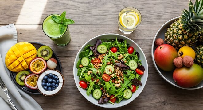 Overhead View of a Vibrant Healthy Meal with Fresh Salad, Tropical Fruits, Green Smoothie, and Lemon Water on a Wooden Table