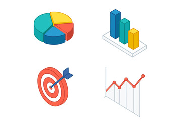 Isometric set of business analytics charts graphs and target goal icons for data analysis and reporting