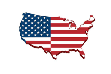 Three dimensional map outline of the United States covered with the national flag design
