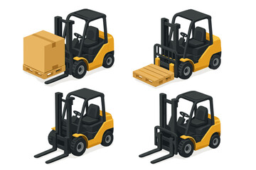 Isometric forklift icons set with cargo and empty pallet