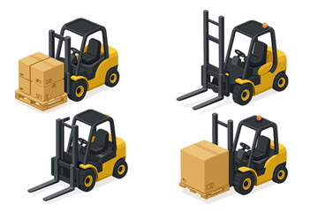 Isometric yellow forklift icons set showing cargo and empty forks