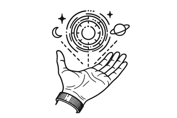 Mystical hand holding abstract cosmic energy circle with celestial symbols