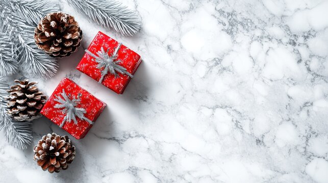 Red Christmas Gifts with Silver Bows on Marble Background with Pine Cones and Fir Branches