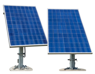 Two blue solar panels on metal stands