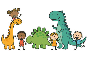Cheerful multiracial children waving alongside three cute friendly dinosaurs
