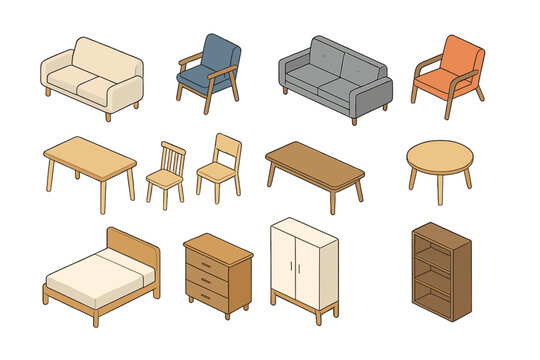 Isometric modern home furniture set including sofas chairs tables bed and storage units