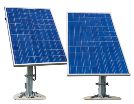 Two blue solar panels on metal stands
