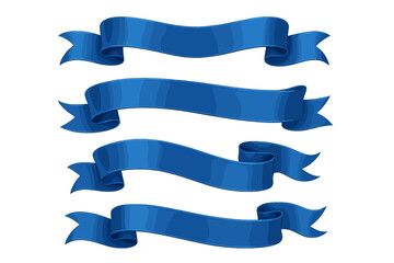 Four flowing blue ribbon banners and scrolls in different decorative shapes isolated on white