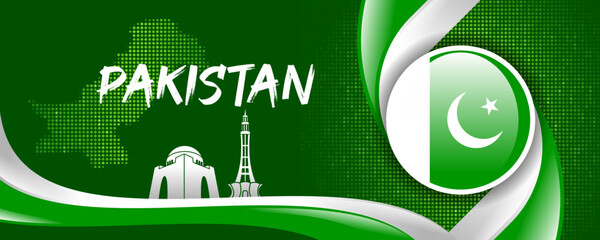 Pakistan Flag with Map and Famous Landmarks in Green Abstract Background
