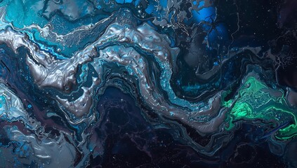 Abstract swirling blue and teal fluid art with metallic sheen