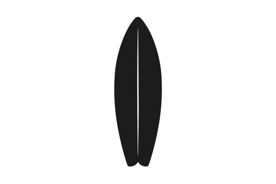 Minimalist black silhouette of a classic surfboard with split tail and twin fins
