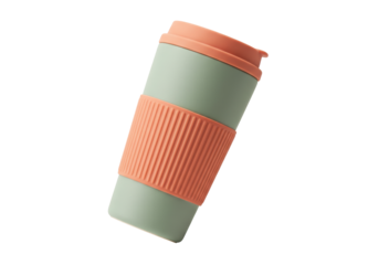 Isolated reusable coffee mug, trendy eco travel tumbler, light green with peach rubber wrap