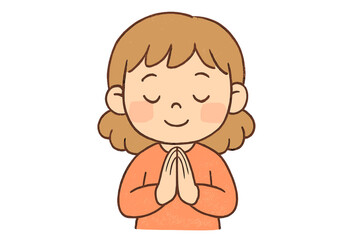 Smiling person with closed eyes making a respectful gesture of thanks or apology