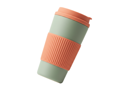 Isolated reusable coffee mug, trendy eco travel tumbler, light green with peach rubber wrap