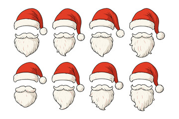 Variety of Santa Claus hats and white beards set for festive Christmas holiday designs