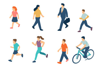 Diverse group of people walking running and cycling in various active poses isometric view