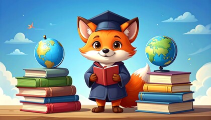Cartoon fox in academic regalia reads among book piles and globes, set against a serene sky background