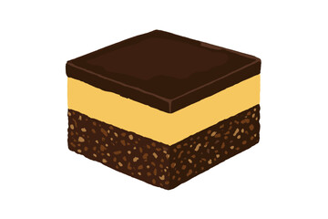 Square layered dessert bar featuring chocolate ganache, custard filling, and crumb base