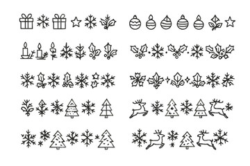 Hand drawn Christmas and winter holiday decorative borders with snowflakes, reindeer, and gifts