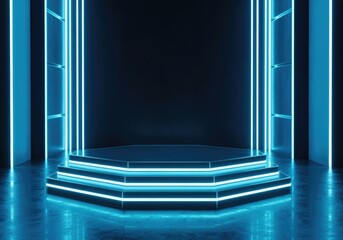 Futuristic neon stage with glowing blue lights and reflective floor, cyber podium, abstract backdrop