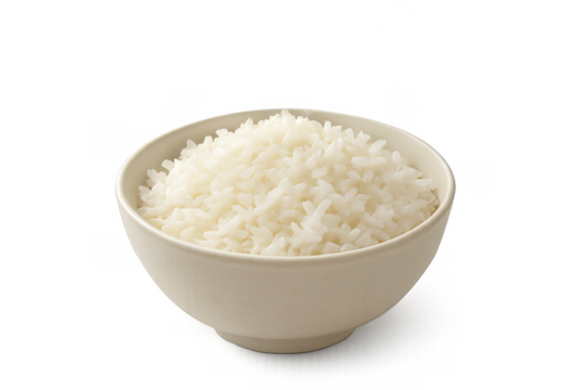 Steaming white cooked rice in a ceramic bowl, staple food with transparent background, healthy balanced meal concept