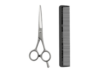 Professional metal hair cutting scissors and black plastic comb for barbershop or salon use