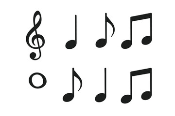 Collection of basic musical notation symbols including treble clef and various note values in black silhouette