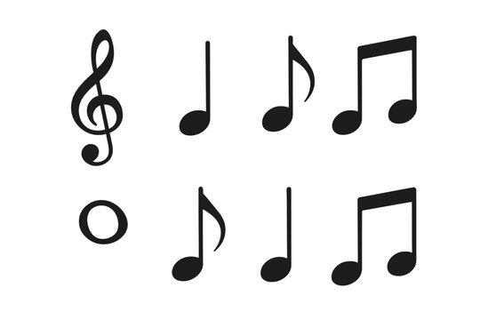 Collection of basic musical notation symbols including treble clef and various note values in black silhouette