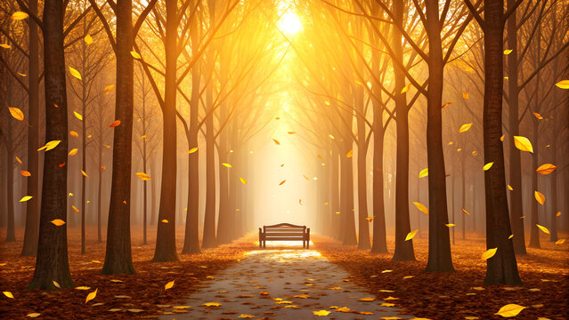 Autumn forest path with falling leaves and glowing sunlight over empty bench
