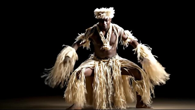 Dynamic African Tribal Dancer Performing Traditional Rituals on Dark Stage.
