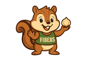 Cheerful squirrel mascot wearing a shirt labeled Fibers and holding a nut © icon_art