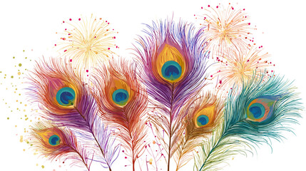 Colorful Peacock Feathers with Fireworks Vector Illustration