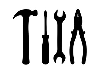 Silhouettes of essential construction and repair hand tools including hammer screwdriver wrench and pliers