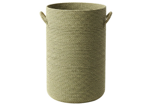 Isolated woven basket, cylindrical container for household storage and rustic design