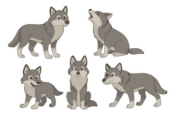 Adorable gray wolf character set showing different poses and emotions like howling and smiling