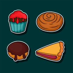 Delicious Assortment Sticker of Baked Cupcake Cinnamon Roll Donut and Pie