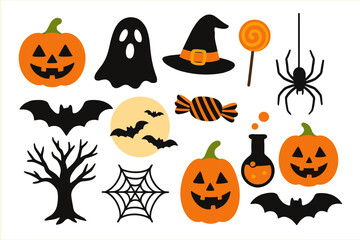 Spooky Halloween symbols collection featuring pumpkins, ghost, witch hat, bats, spider, and candy