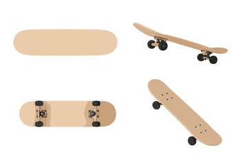 Four views of a blank wooden skateboard deck with trucks and wheels isolated on a white background © icon_art
