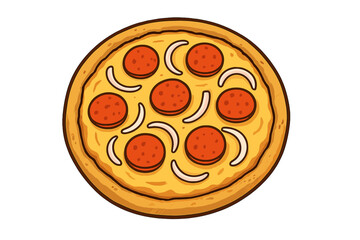 Top view of a whole pepperoni and onion pizza isolated on white background